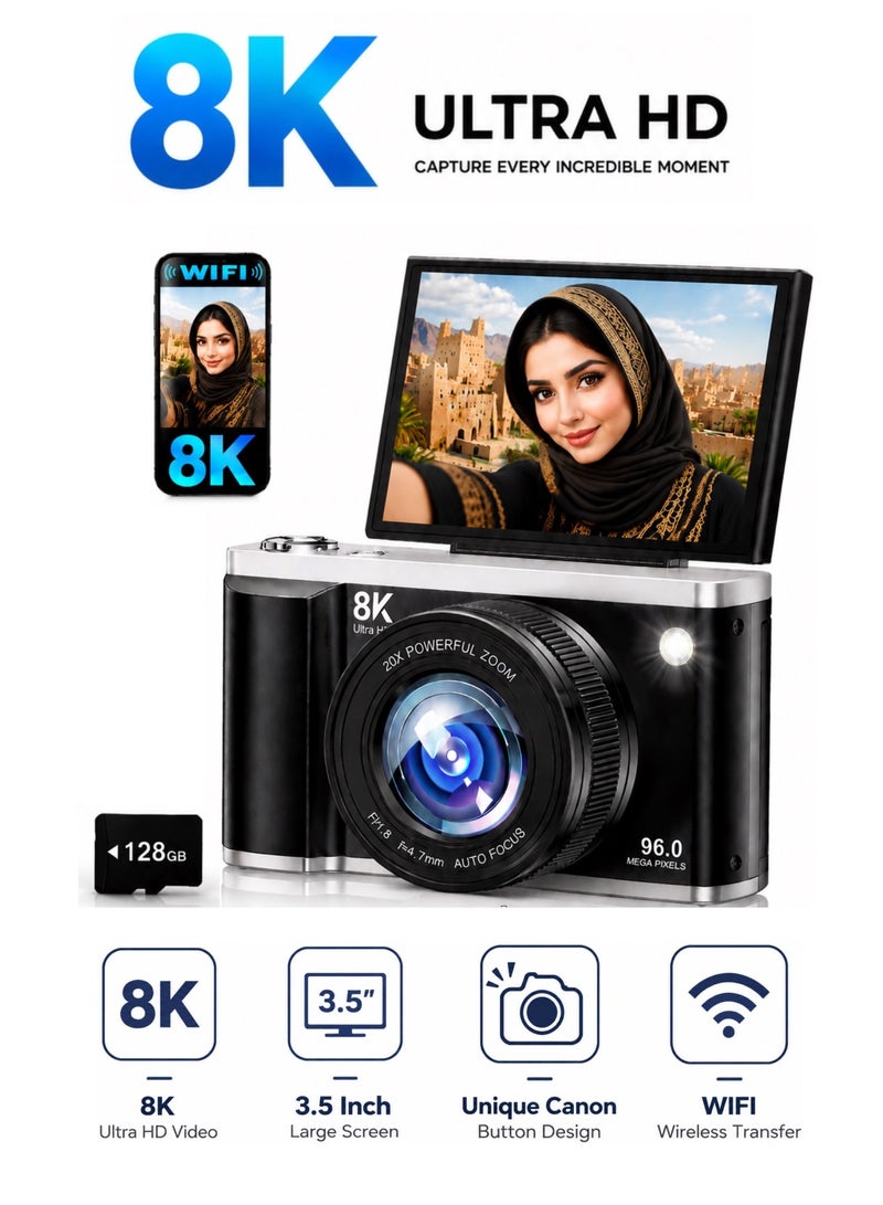 Xtra Edge 8K Digital Camera 2026 Upgrade | 96MP Sony CMOS Sensor | WiFi Vlogging Camera | Autofocus | 3.5" 180° Flip Screen | 20X Zoom | Anti-Shake | YouTube Video Camera | 128GB Card Included - Image 1
