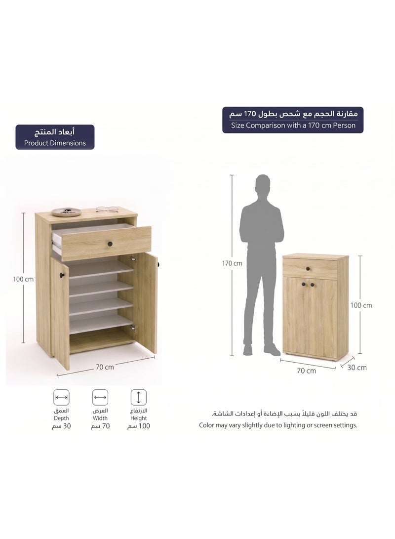 Furniture Store Modern shoe rack/shoe cabinet with a wide drawer and 5 shelves, MDF, in light wood color with white, high-quality finish, from Furniture Store. - Image 3