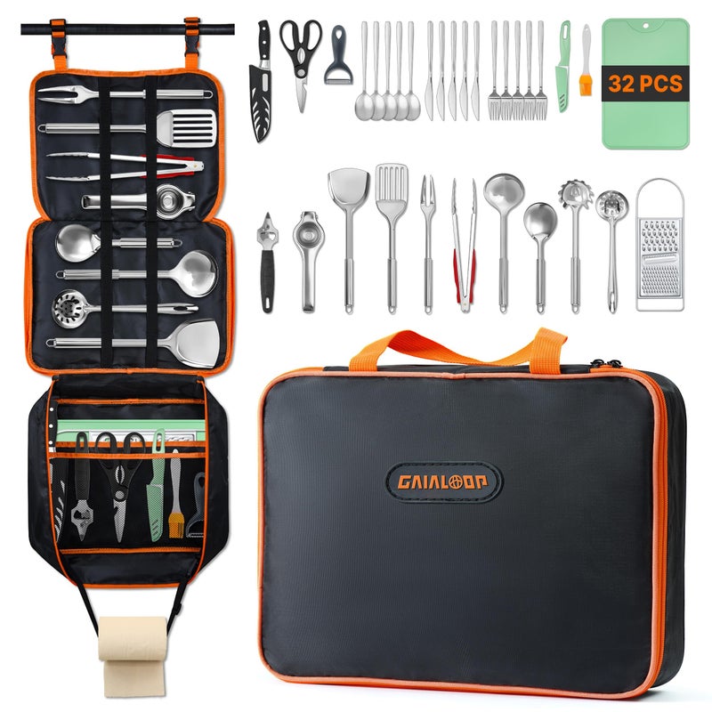 GAIALOOP Camping Cooking Utensils Set 32 PCS Camp Kitchen Cookware Kit with Organizer Bag, Portable RV Camping Essentials Camper Must Haves for Cookouts Open Fire Pit - Image 1