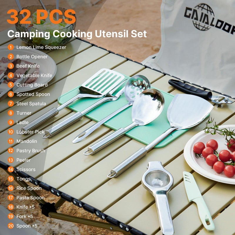 GAIALOOP Camping Cooking Utensils Set 32 PCS Camp Kitchen Cookware Kit with Organizer Bag, Portable RV Camping Essentials Camper Must Haves for Cookouts Open Fire Pit - Image 2