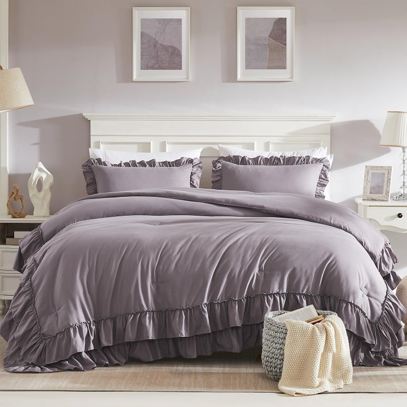 Cupocupa Purple Pink Comforter Set, 3Pcs Comforters Queen Size Ruffle Farmhouse Bedding Sets Queen with Comforter, Lightweight Soft Shabby Chic Bedding Comforter Set Fluffy for All Season - Image 2