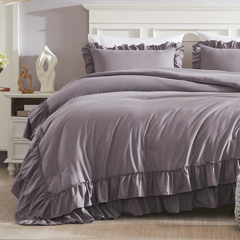 Cupocupa Purple Pink Comforter Set, 3Pcs Comforters Queen Size Ruffle Farmhouse Bedding Sets Queen with Comforter, Lightweight Soft Shabby Chic Bedding Comforter Set Fluffy for All Season - Image 3