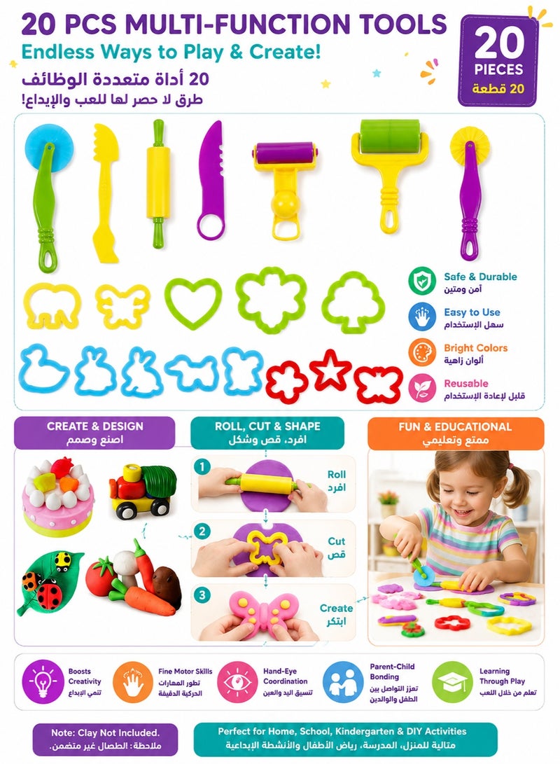 Metoo 20PCS Clay Dough Tools Kit for Kids, Play Dough Accessories with Rollers Cutters Molds, Plastic Modelling Clay Tool Set, DIY Educational Craft Toys for Preschool Boys Girls Age 3+, Random Color - Image 2
