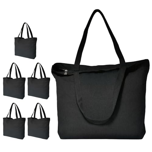 Koolmox Black Canvas Tote Bag with Zipper, 6-Pack 17x14x3.9'' 12Oz Thick Canvas Bag with Handles and Flat Bottom, Women Men Grocery Shopping Bags Cotton Totes Sublimation Totes to Customize - Image 1