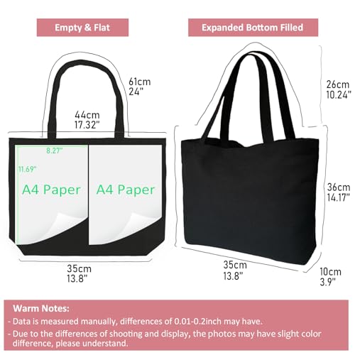 Koolmox Black Canvas Tote Bag with Zipper, 6-Pack 17x14x3.9'' 12Oz Thick Canvas Bag with Handles and Flat Bottom, Women Men Grocery Shopping Bags Cotton Totes Sublimation Totes to Customize - Image 5