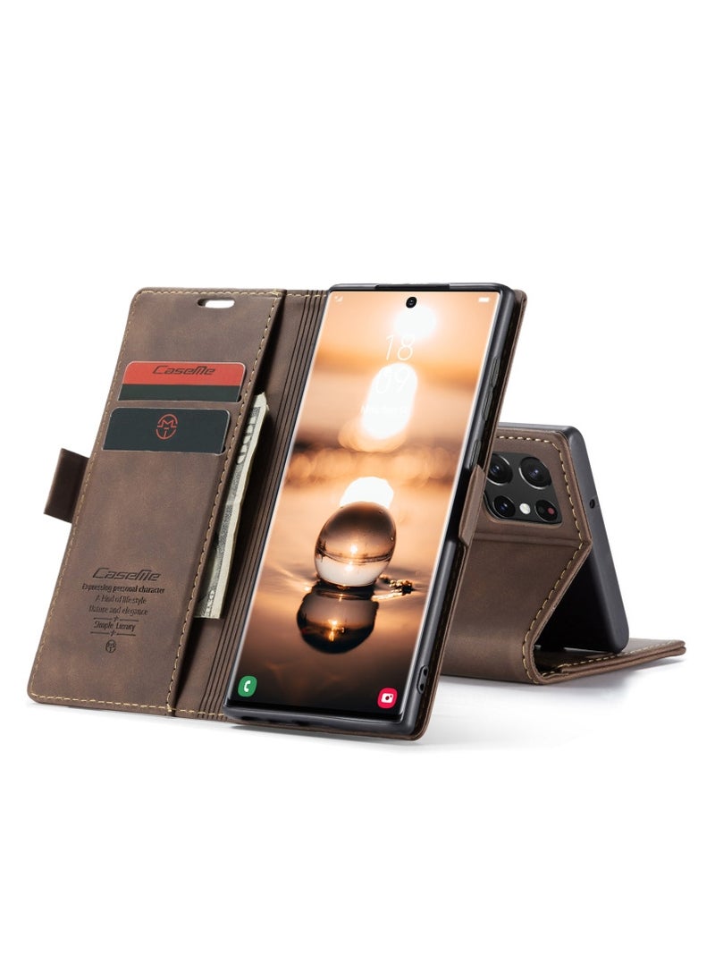 CaseMe CaseMe Samsung Galaxy S22 Ultra Case Wallet, for Samsung Galaxy S22 Ultra Wallet Case Book Folding Flip Folio Case with Magnetic Kickstand Card Slots Protective Cover - Coffee  - Image 5