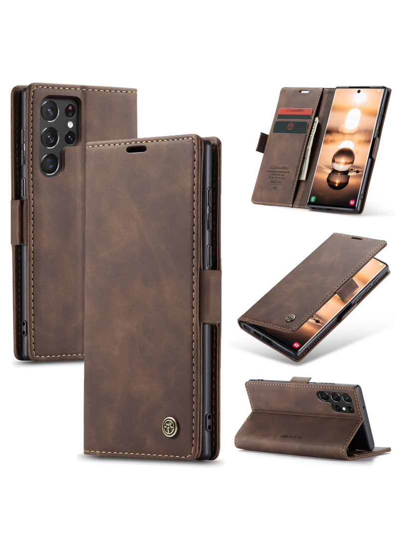 CaseMe CaseMe Samsung Galaxy S22 Ultra Case Wallet, for Samsung Galaxy S22 Ultra Wallet Case Book Folding Flip Folio Case with Magnetic Kickstand Card Slots Protective Cover - Coffee  - Image 1