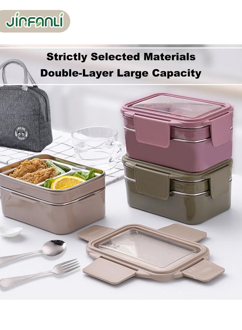 جين فان ل أنا لانش بوكس للكبار صناديق وجبات عمل صندوق غداء مزدوج الطبقات من الفولاذ المقاوم للصدأ سعة 1100 مل (بني): 3 حجرات + ملعقة مدمجة، مقاوم للتسرب وقابل للغسل، مناسب للأطفال والكبار - Image 4
