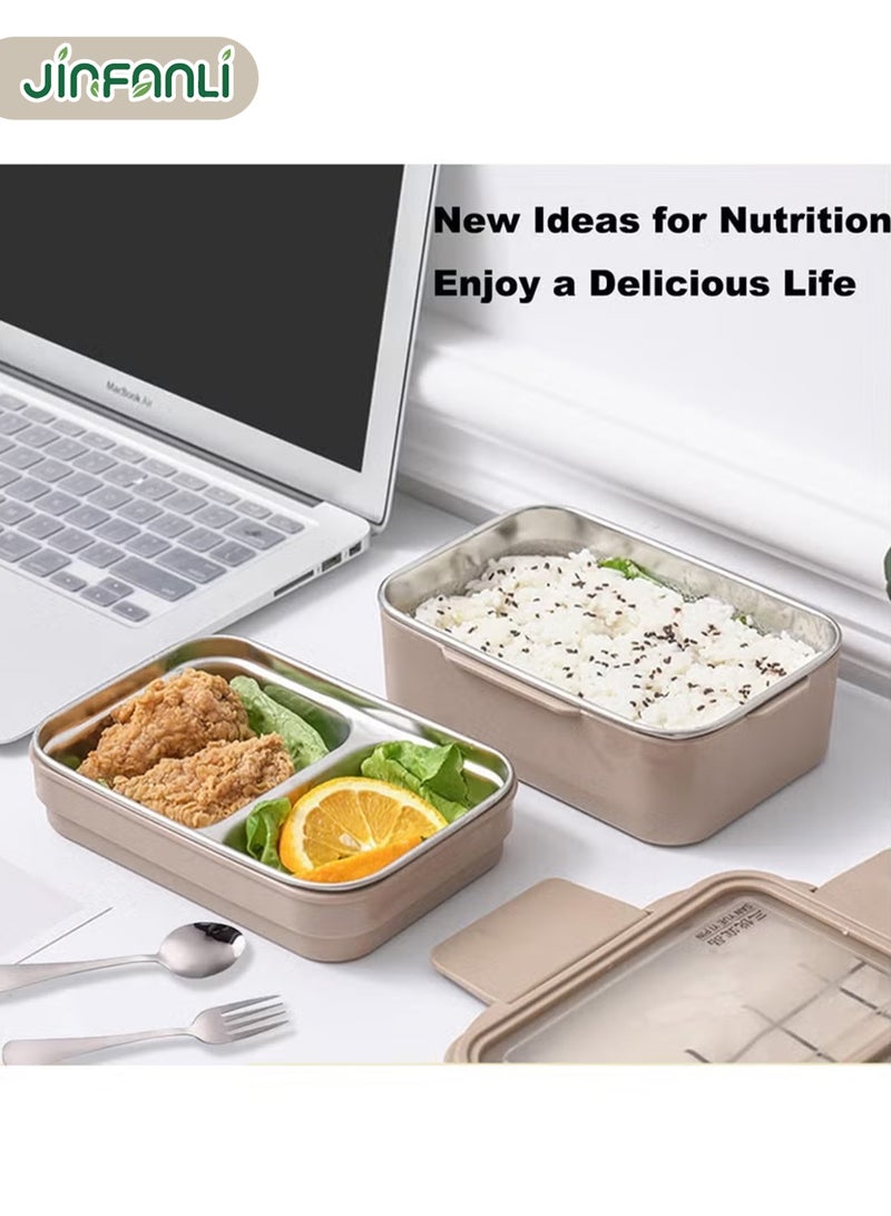 جين فان ل أنا لانش بوكس للكبار صناديق وجبات عمل صندوق غداء مزدوج الطبقات من الفولاذ المقاوم للصدأ سعة 1100 مل (بني): 3 حجرات + ملعقة مدمجة، مقاوم للتسرب وقابل للغسل، مناسب للأطفال والكبار - Image 5