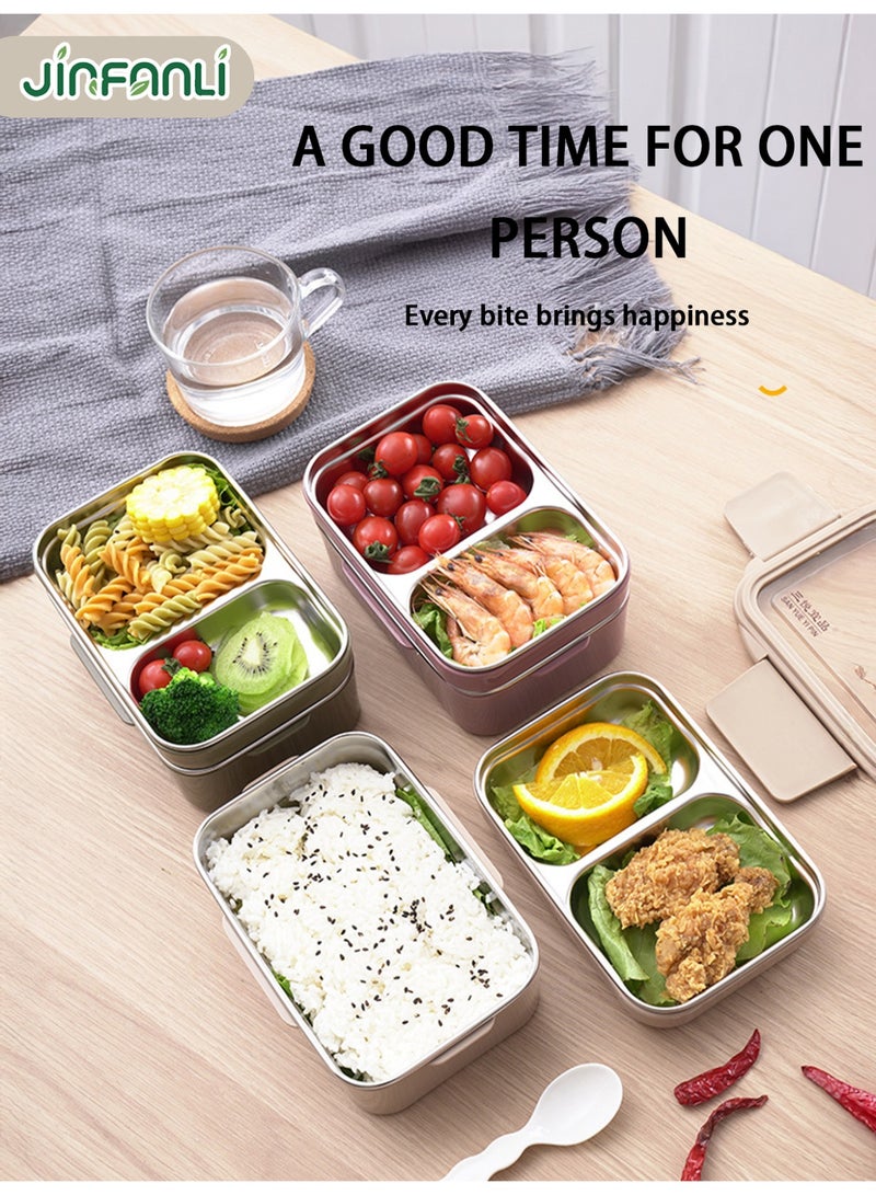 جين فان ل أنا لانش بوكس للكبار صناديق وجبات عمل صندوق غداء مزدوج الطبقات من الفولاذ المقاوم للصدأ سعة 1100 مل (بني): 3 حجرات + ملعقة مدمجة، مقاوم للتسرب وقابل للغسل، مناسب للأطفال والكبار - Image 2