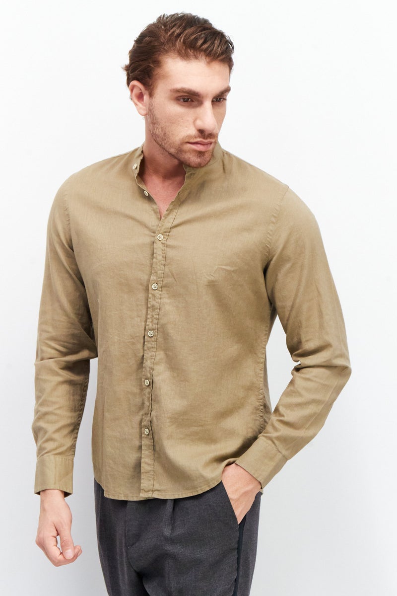 Sorbino Men Comfort Fit Plain Long Sleeve Casual Shirt, Khaki - Image 1