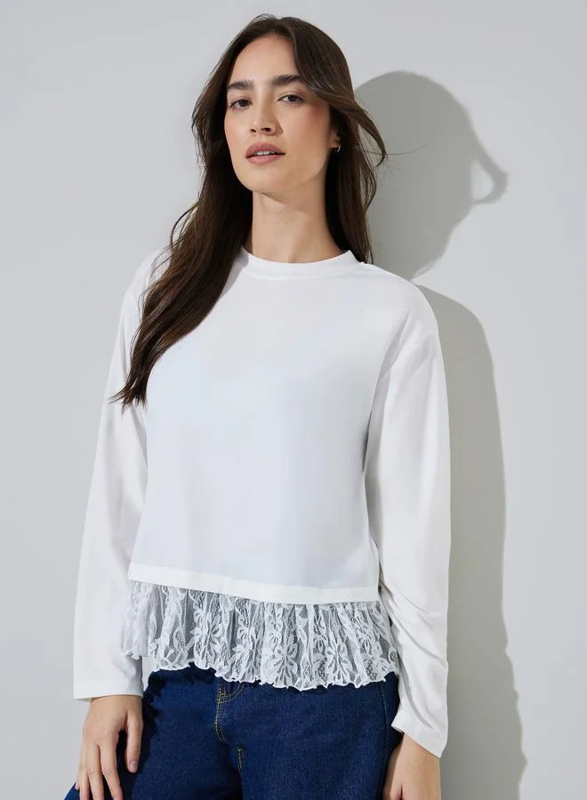 Styli White Solid Lace Details Long Sleeves T-Shirt