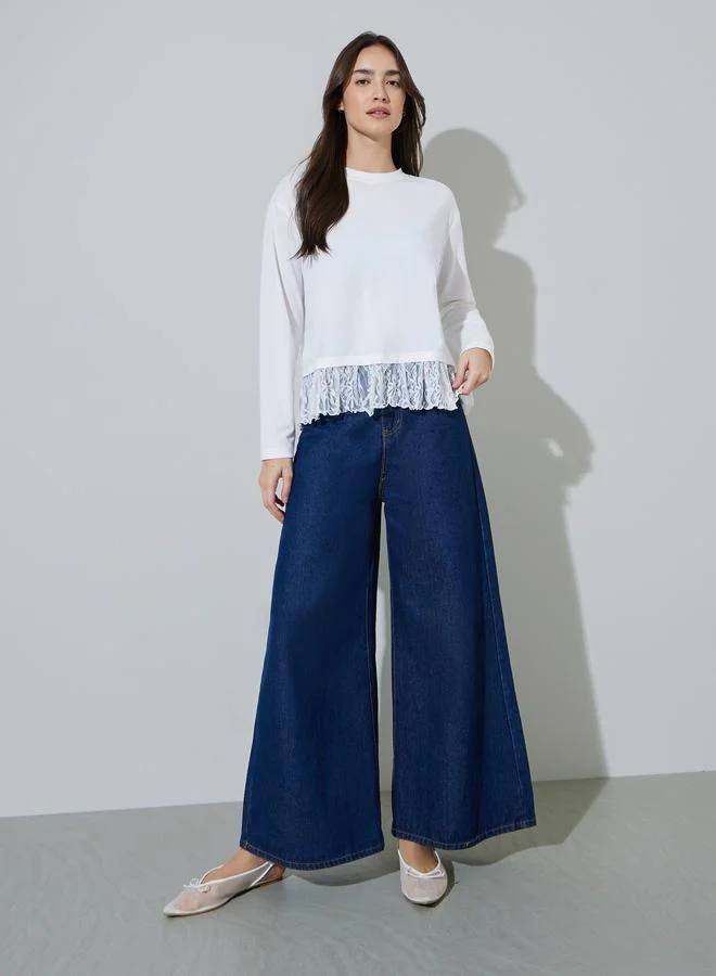 Styli White Solid Lace Details Long Sleeves T-Shirt