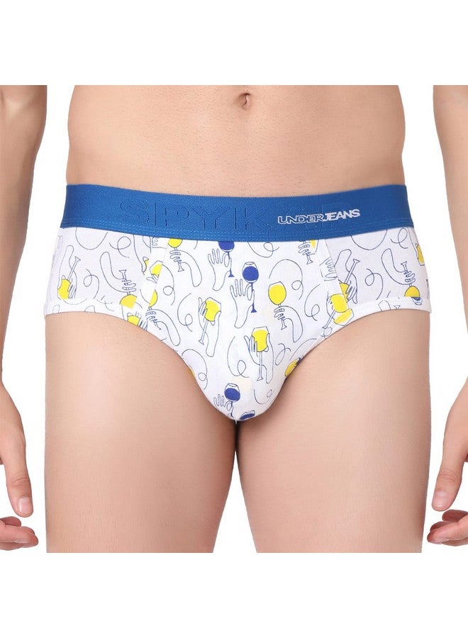 Underjeans Men White & Blue Cotton Blend Brief Regular Fit All Over Print (Pack of 1) (UJNPBS051WHITEDKBLUE DK.Blue_M)-M - Image 1