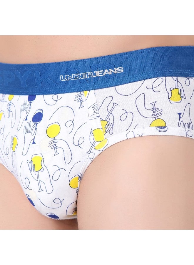 Underjeans Men White & Blue Cotton Blend Brief Regular Fit All Over Print (Pack of 1) (UJNPBS051WHITEDKBLUE DK.Blue_M)-M - Image 4