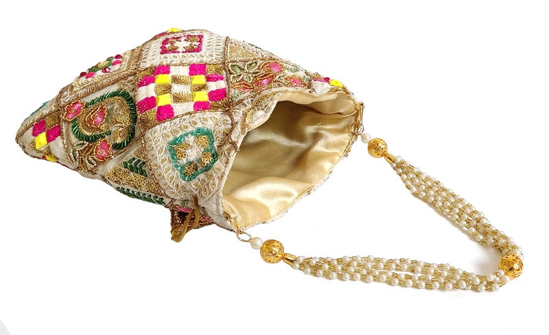 DUCHESS Multicolor Embroidered Potli Bag for Women | Bridal & Wedding Designer Potli Purse | Handcrafted Ethnic Batua with Pearl Handle, Zari & Sequin Work | Festive Potli Bag for Return Gifts - Image 3