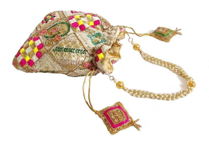 DUCHESS Multicolor Embroidered Potli Bag for Women | Bridal & Wedding Designer Potli Purse | Handcrafted Ethnic Batua with Pearl Handle, Zari & Sequin Work | Festive Potli Bag for Return Gifts - Image 2