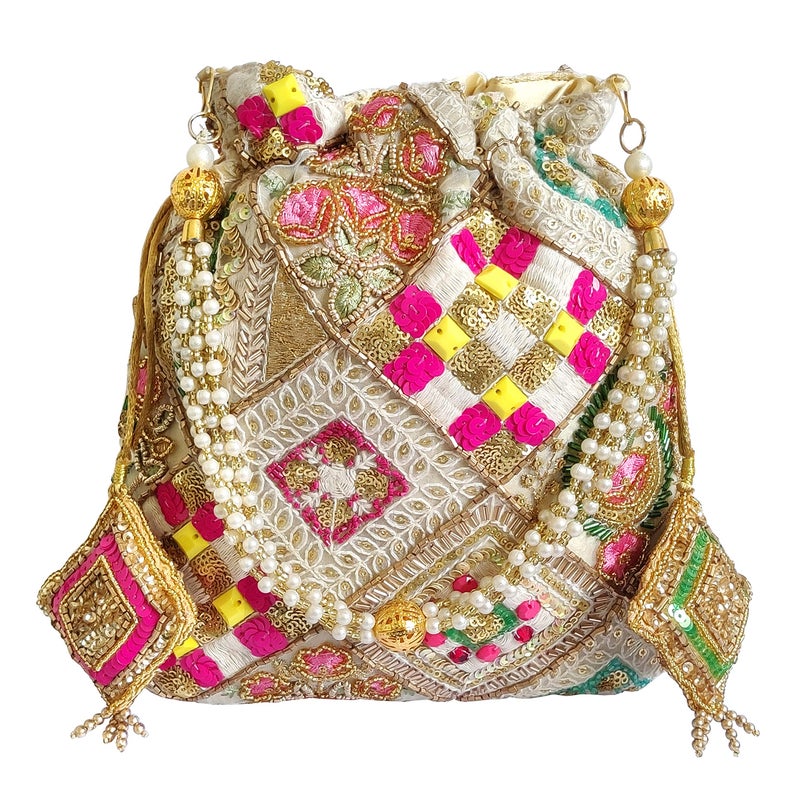 DUCHESS Multicolor Embroidered Potli Bag for Women | Bridal & Wedding Designer Potli Purse | Handcrafted Ethnic Batua with Pearl Handle, Zari & Sequin Work | Festive Potli Bag for Return Gifts - Image 1
