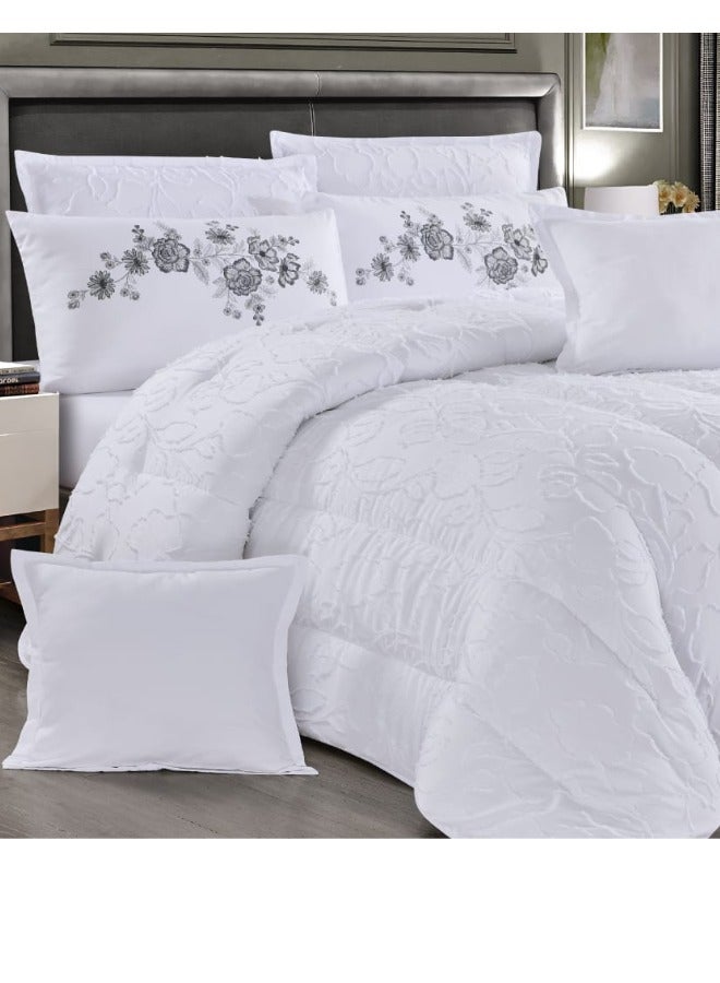 مون غطاء سرير فاخر مطرز من الجاكار، 4 قطع - غطاء سرير مزدوج فاخر بحشوة من الألياف الدقيقة، 220 × 170 سم، يناسب سريرًا بمقاس 200 × 120 سم - طقم لحاف فاخر مطرز من الجاكار - غطاء سرير أنيق للعروس - أغطية سرير ناعمة وكلاسيكية - Image 3