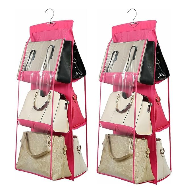 2 PCS 6 POCKETS HANGING PURSE HANDBAG ORGANIZER CLEAR BAG STORAGE HOLDER PURSE BAG WARDROBE PINK SPACE SAVING ORGANIZERS