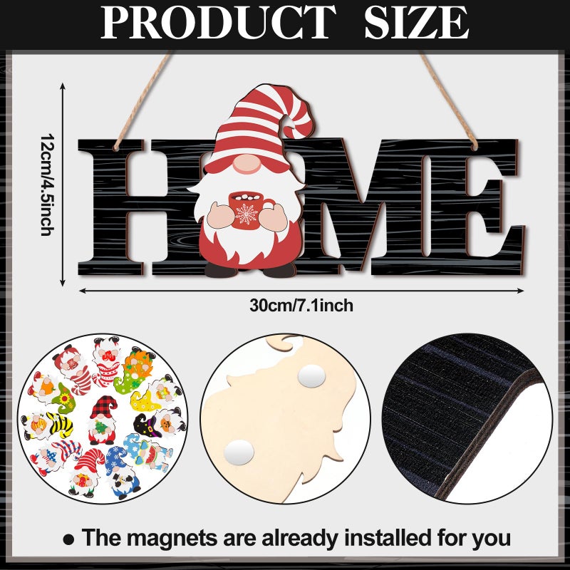 Yookeer القابلة للتبديل Gnome Home Sign Wood Valentine's Door Sign Sign Decor Gnome Decor Rustic Gnome Porch Sign مع 12 Gnomes قابل للتغيير لديكور الجدار المنزلي (خطوط أبيض وأسود) - Image 2