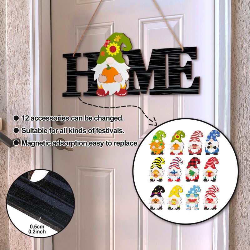 Yookeer القابلة للتبديل Gnome Home Sign Wood Valentine's Door Sign Sign Decor Gnome Decor Rustic Gnome Porch Sign مع 12 Gnomes قابل للتغيير لديكور الجدار المنزلي (خطوط أبيض وأسود) - Image 3