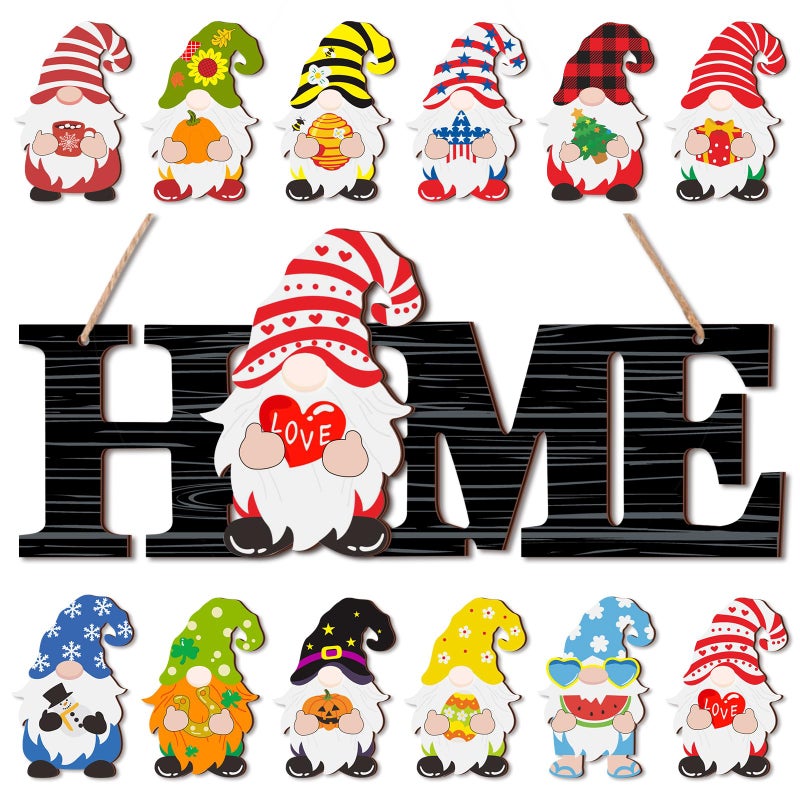Yookeer القابلة للتبديل Gnome Home Sign Wood Valentine's Door Sign Sign Decor Gnome Decor Rustic Gnome Porch Sign مع 12 Gnomes قابل للتغيير لديكور الجدار المنزلي (خطوط أبيض وأسود) - Image 1