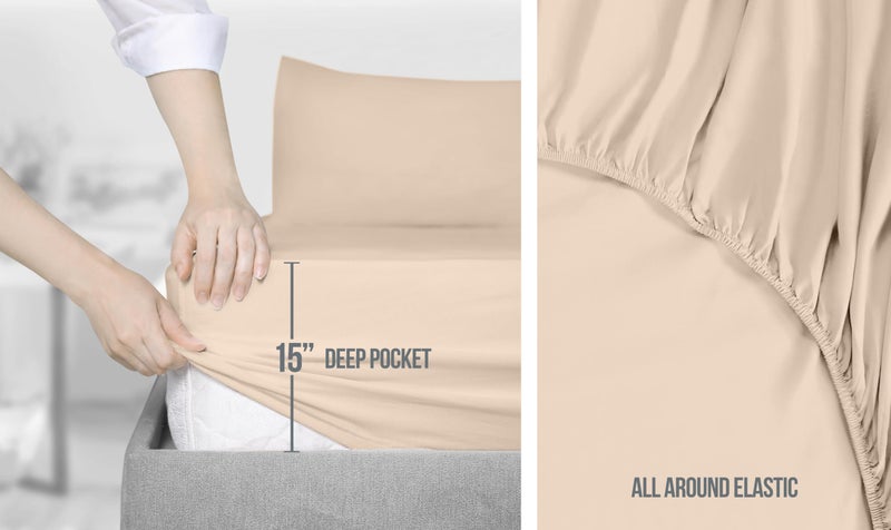 Utopia Bedding Full Size Sheet Set - Soft Microfiber 4 Piece Hotel Luxury Bed Sheets with Deep Pockets - Embroidered Pillow Cases - Side Storage Pocket Fitted Sheet - Flat Sheet (Beige) - Image 4