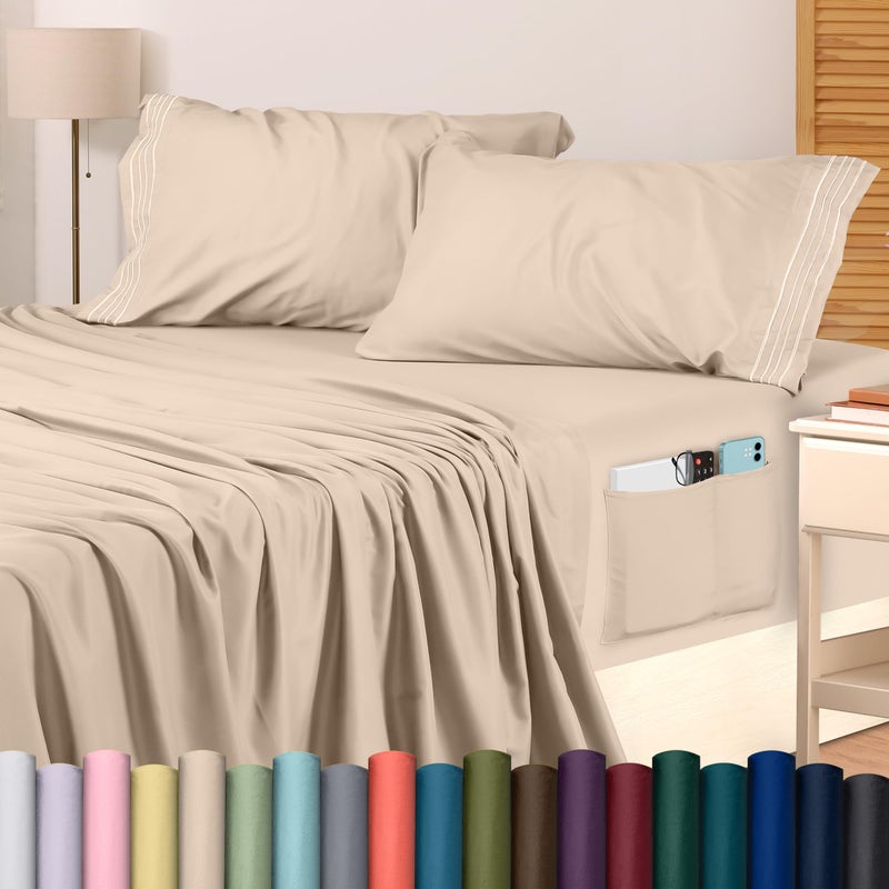 Utopia Bedding Full Size Sheet Set - Soft Microfiber 4 Piece Hotel Luxury Bed Sheets with Deep Pockets - Embroidered Pillow Cases - Side Storage Pocket Fitted Sheet - Flat Sheet (Beige) - Image 1