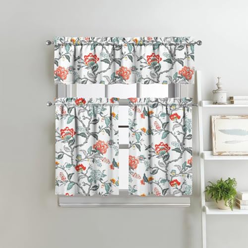 sdhinlwo Kitchen Curtains Sets for Windows Flower Kitchen Decorative Sink Window Valance 3 Piece Set Tier Cyan-Blue Curtains 3 Panels Decor for Living Room Bedroom Home - Image 5