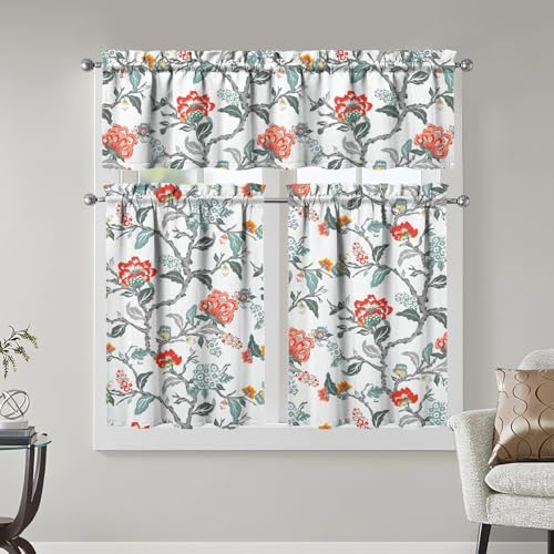 sdhinlwo Kitchen Curtains Sets for Windows Flower Kitchen Decorative Sink Window Valance 3 Piece Set Tier Cyan-Blue Curtains 3 Panels Decor for Living Room Bedroom Home - Image 1