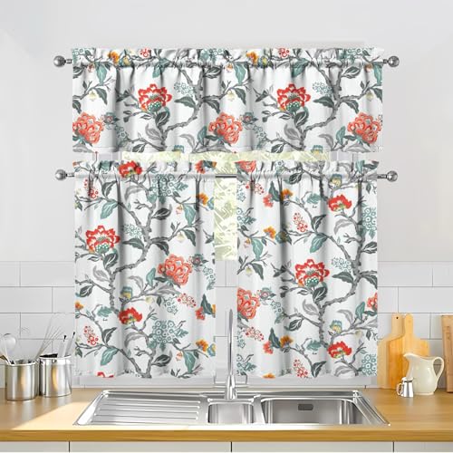 sdhinlwo Kitchen Curtains Sets for Windows Flower Kitchen Decorative Sink Window Valance 3 Piece Set Tier Cyan-Blue Curtains 3 Panels Decor for Living Room Bedroom Home - Image 3