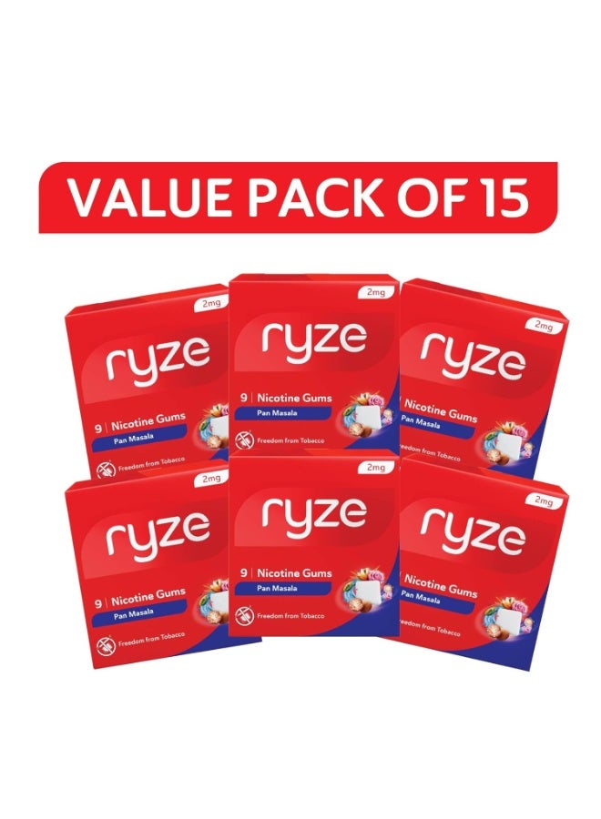 رايز علكة النيكوتين RYZE بتركيز 2 ملغ | بن مسالا | طرية وسهلة المضغ، لطيفة على الحلق، خالية من السكر | تساعد في الإقلاع عن التدخين ومضغ التبغ | للمساعدة في ترك التدخين | 135 علكة (9 علكات في كل عبوة) | عبوة مجمعة مكونة من 15 عبوة صغيرة - Image 1