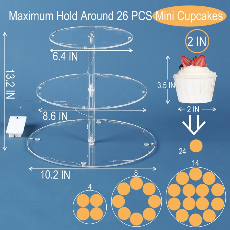 HENABLE 3 Tier Round Cupcake Stand Cupcake Holder, Acrylic Cupcake Tower with LED Yellow Light for 24 Cupcakes, Dessert Table Display Set for Birthday, Bar, Decor Weddings, Parties Events - Image 2