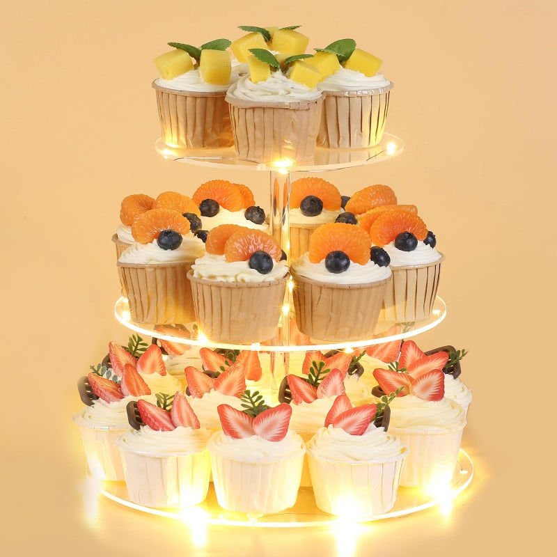 HENABLE 3 Tier Round Cupcake Stand Cupcake Holder, Acrylic Cupcake Tower with LED Yellow Light for 24 Cupcakes, Dessert Table Display Set for Birthday, Bar, Decor Weddings, Parties Events - Image 1