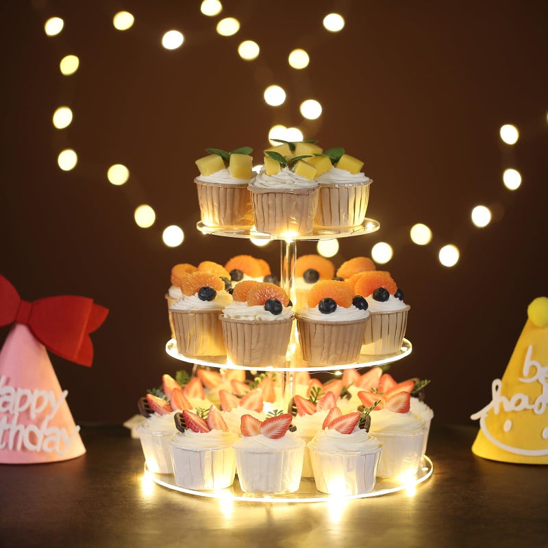 HENABLE 3 Tier Round Cupcake Stand Cupcake Holder, Acrylic Cupcake Tower with LED Yellow Light for 24 Cupcakes, Dessert Table Display Set for Birthday, Bar, Decor Weddings, Parties Events - Image 4
