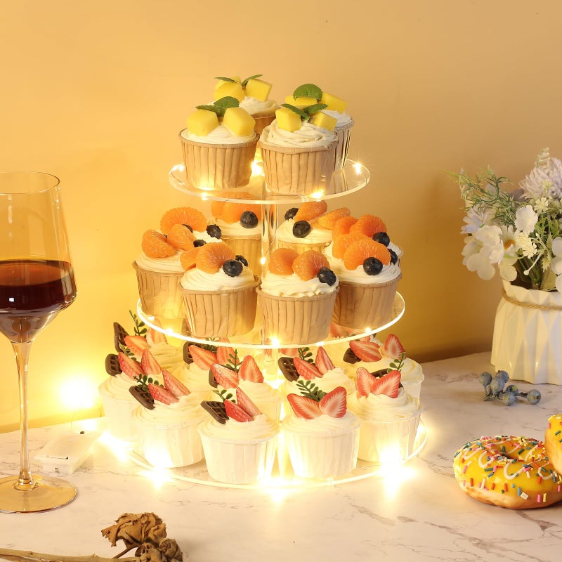 HENABLE 3 Tier Round Cupcake Stand Cupcake Holder, Acrylic Cupcake Tower with LED Yellow Light for 24 Cupcakes, Dessert Table Display Set for Birthday, Bar, Decor Weddings, Parties Events - Image 3