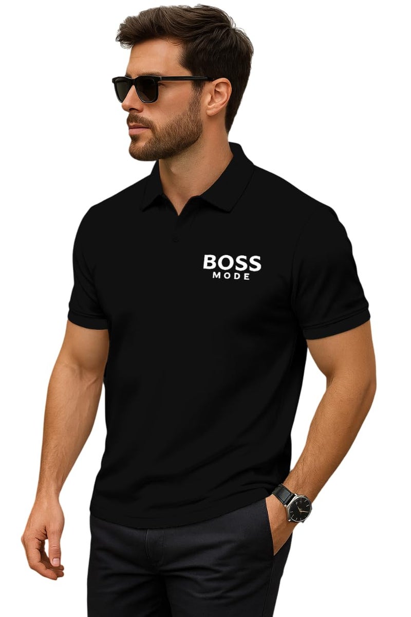 Dagcros Men's Polo T Shirt – 'BOSS Mode' Graphic Tee – Casual Slim Fit Short Sleeve Collar Shirt – Stylish for Men (in, Alpha, S, Regular, Black) - Image 1