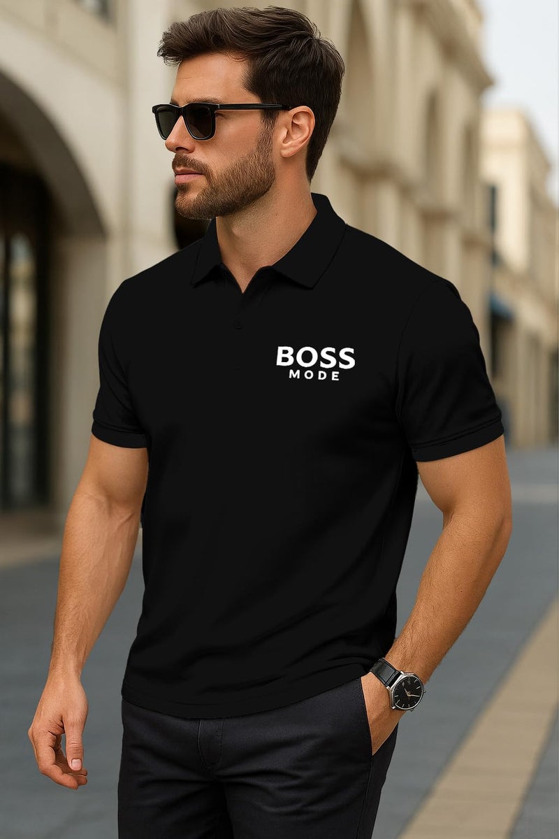 Dagcros Men's Polo T Shirt – 'BOSS Mode' Graphic Tee – Casual Slim Fit Short Sleeve Collar Shirt – Stylish for Men (in, Alpha, S, Regular, Black) - Image 2