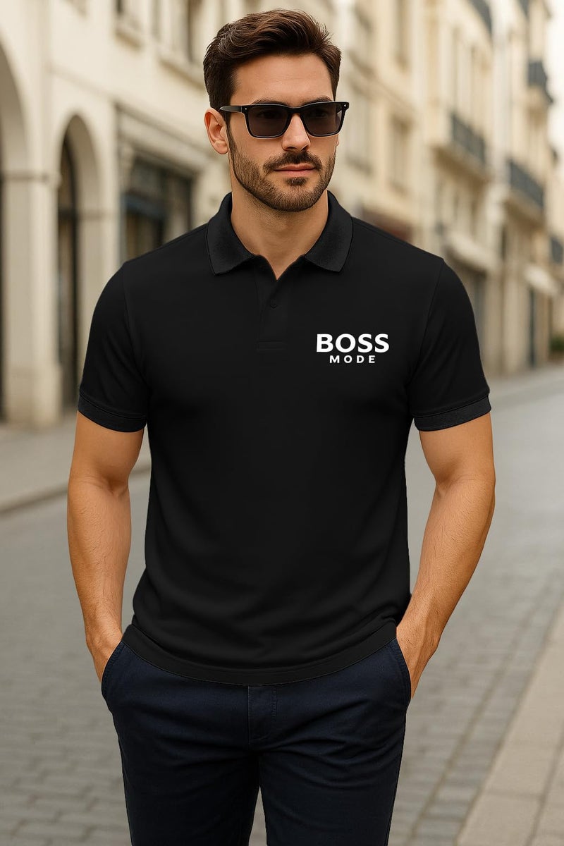 Dagcros Men's Polo T Shirt – 'BOSS Mode' Graphic Tee – Casual Slim Fit Short Sleeve Collar Shirt – Stylish for Men (in, Alpha, S, Regular, Black) - Image 4