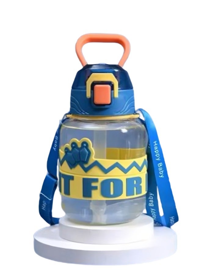 زجاجة مياه سبايك للأطفال 670 مل بغطاء شفاط وحزام نايلون مانعة للتسرب – أزرق داكن - Image 1