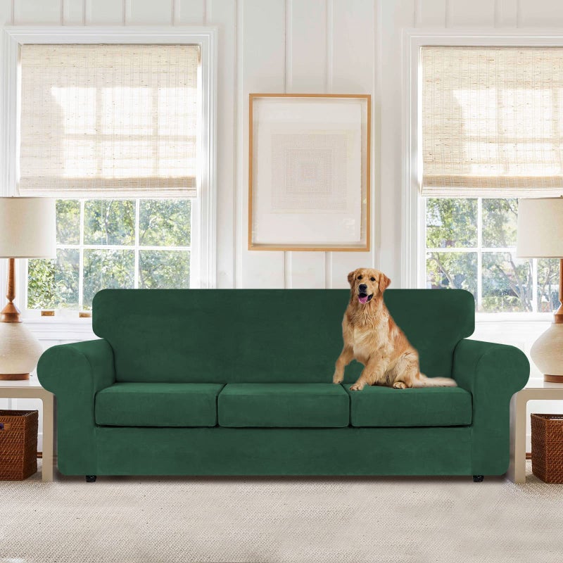 WEERRW 4 Pieces Velvet High Stretch Couch Covers for 3 Cushion Couch Sofa Slipcovers, Washable Furniture Protector with Non Slip Elastic Bottom, Feature Soft Plush Fabric, Emerald Green, Large - Image 2