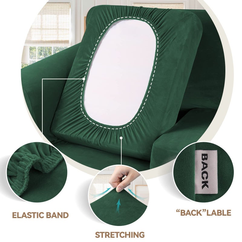 WEERRW 4 Pieces Velvet High Stretch Couch Covers for 3 Cushion Couch Sofa Slipcovers, Washable Furniture Protector with Non Slip Elastic Bottom, Feature Soft Plush Fabric, Emerald Green, Large - Image 3