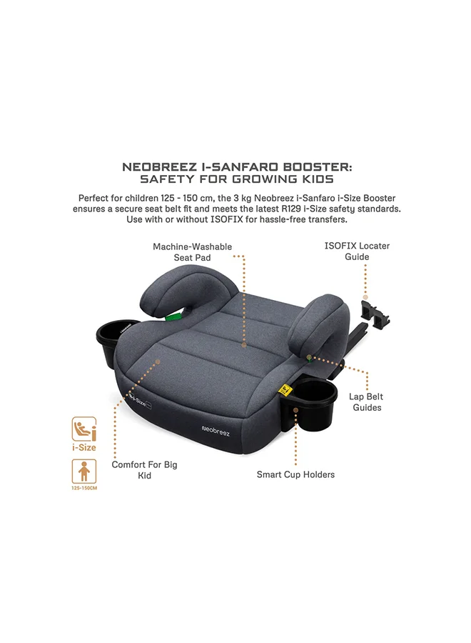 neobreez i-SANFARO ISOFIX Backless Booster Car Seat, Double Padded Foam, Compact, Lightweight&Portable Travel Kids Childrens Toddler Booster Seat, Arm Rest Seat, 2 Cup Holder, ECER129, 6-12Yrs, 22-36Kg, Group 3