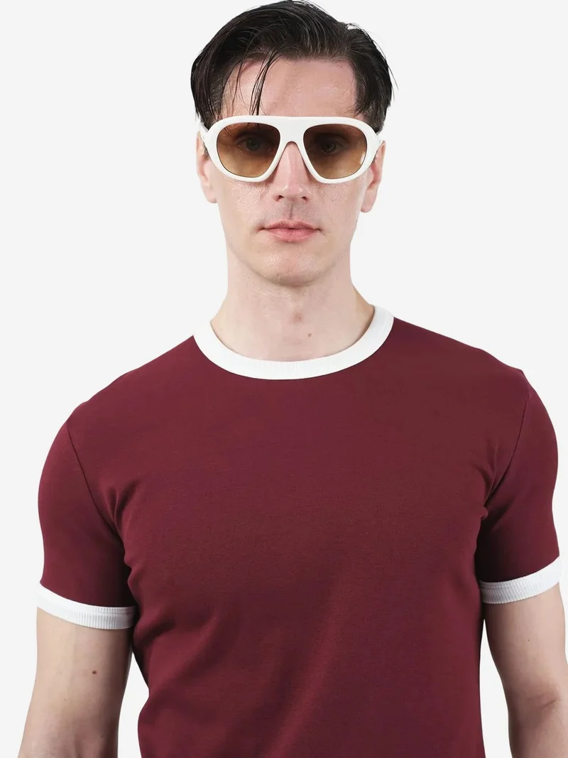 Giesto Burgundy Red GIESTO Slim Fit Crew Neck T-Shirt with Contrast Binding for Men | Best Price UAE