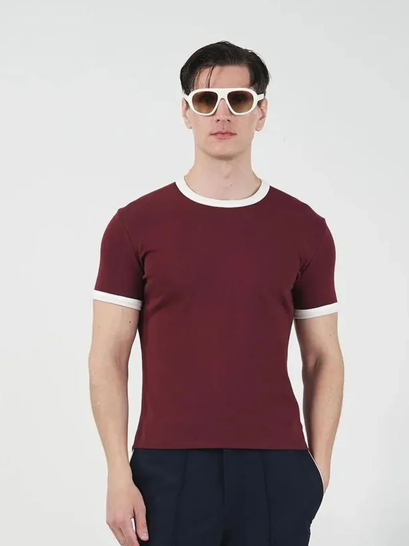 Giesto Burgundy Red GIESTO Slim Fit Crew Neck T-Shirt with Contrast Binding for Men | Best Price UAE