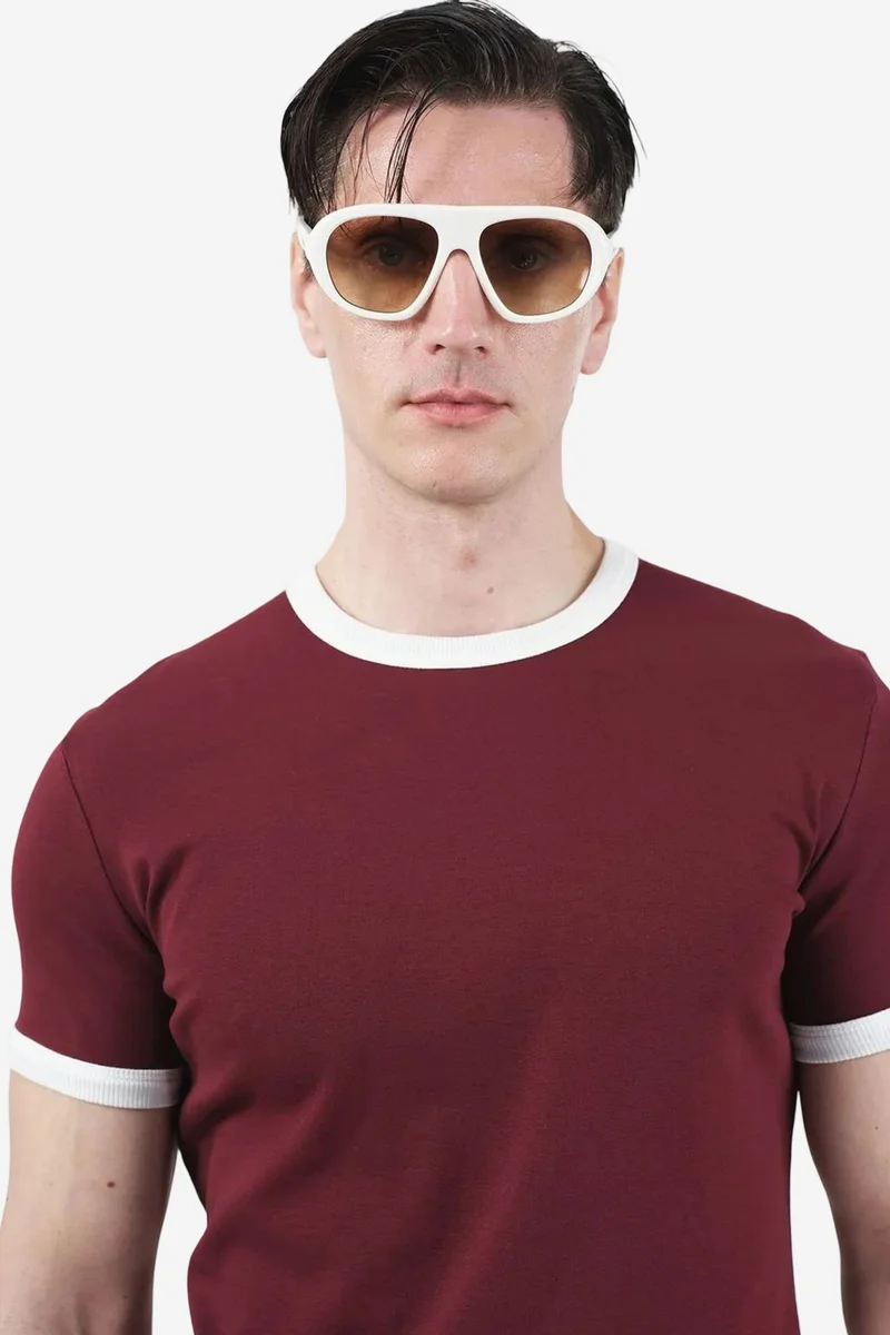 Giesto Burgundy Red GIESTO Slim Fit Crew Neck T-Shirt with Contrast Binding for Men | Best Price UAE