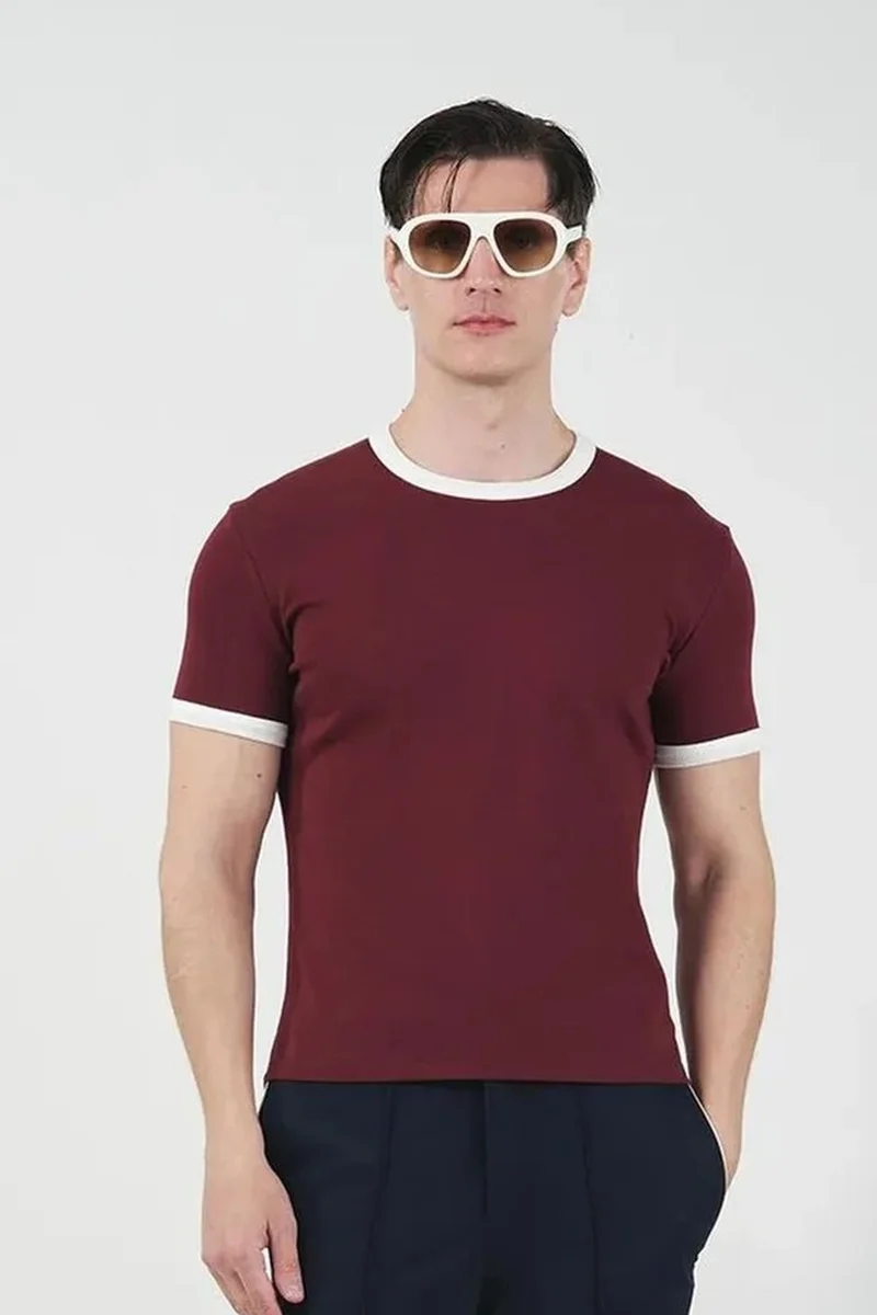 Giesto Burgundy Red GIESTO Slim Fit Crew Neck T-Shirt with Contrast Binding for Men | Best Price UAE