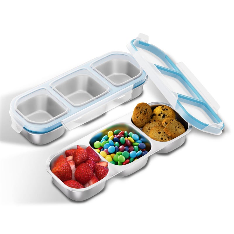 Bakpoco Stainless Steel Snack Containers for Kids Adults, 2 Pack 3 Compartment Metal Snack Containers Box with Lid, Reusable Food Storage Container, Leak Proof, Grab and Go, Blue - Image 1