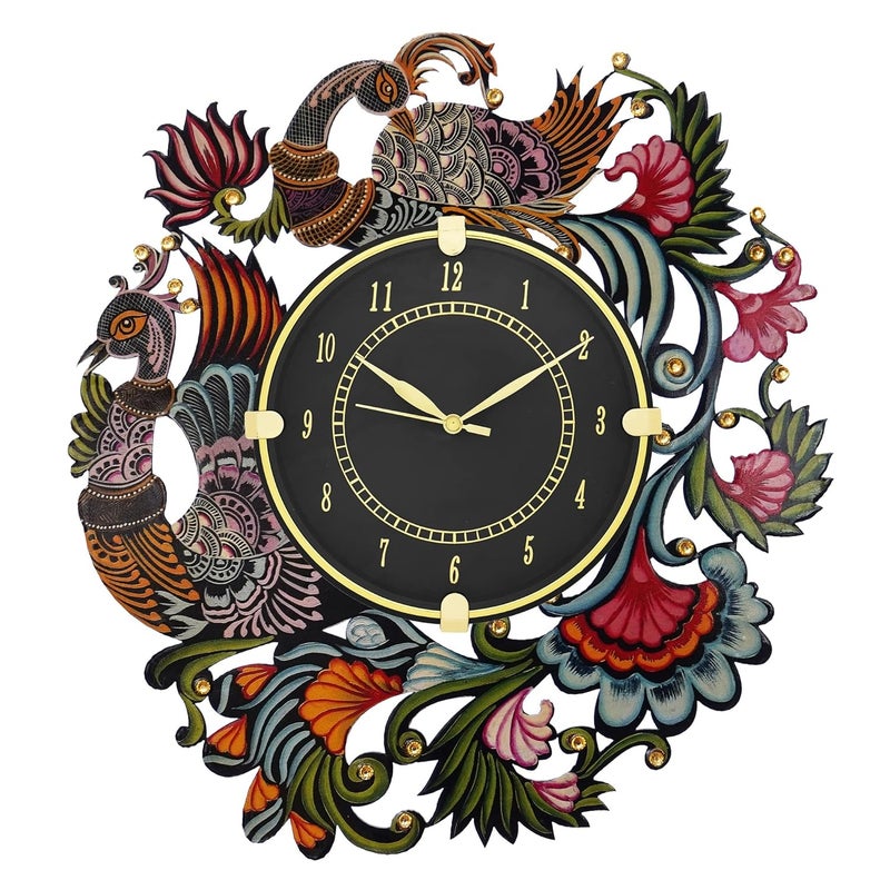 CIRCADIAN Ajanta Peacock Design Wall Clock for Home Décor Living Room Hall Office Bedroom Fancy Stylish Antique Wooden Watch Handmade Multicolour 35 X 33 Cm Pack of 1 - Analog - Image 3